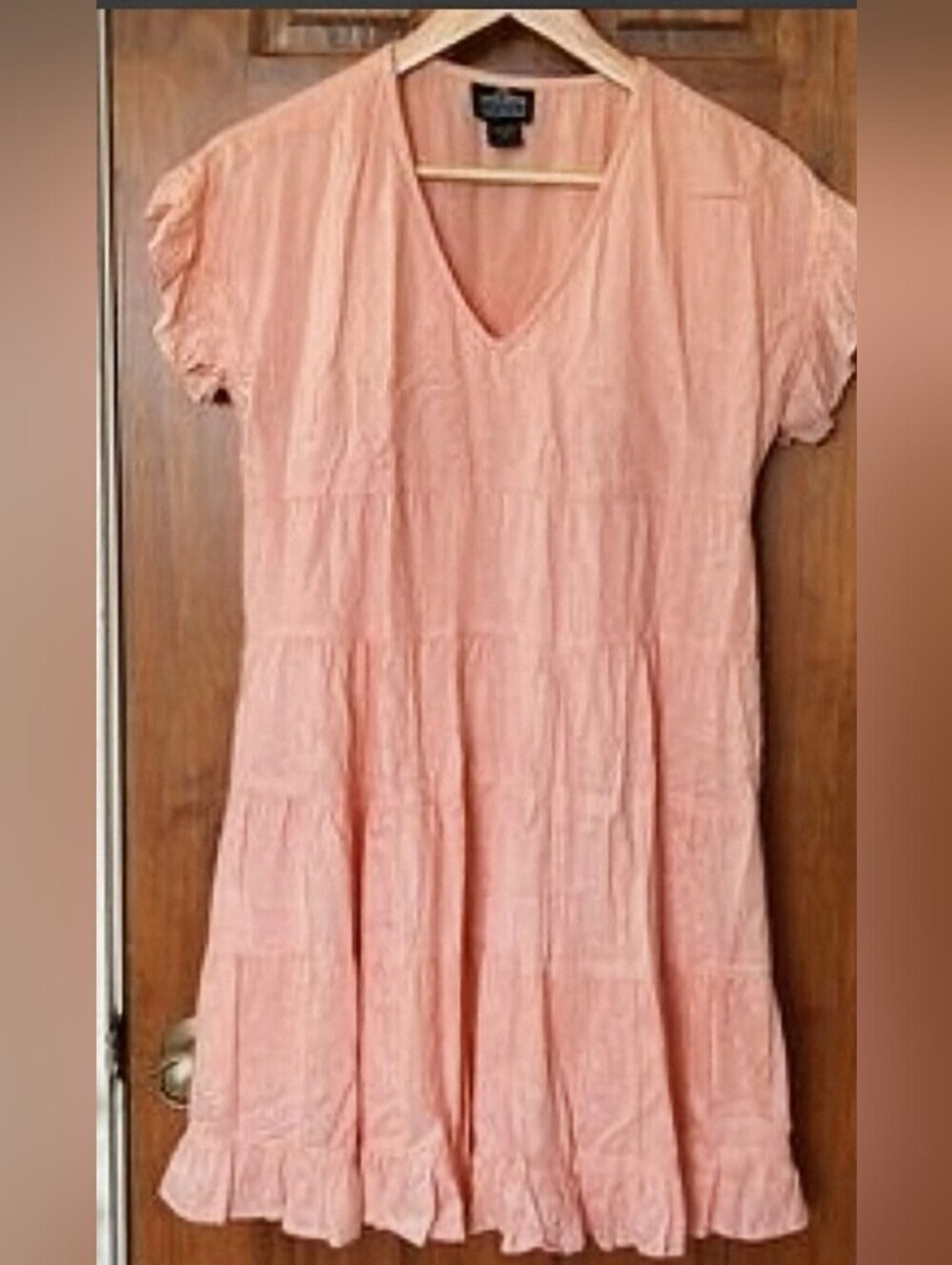 Angie Peach Pink Midi Tiered Ruffle Bojo Dress Short Flare Sleeves Size Large - Picture 9 of 9